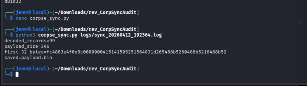 corpse_sync.py output showing 99 decoded records and 396-byte payload